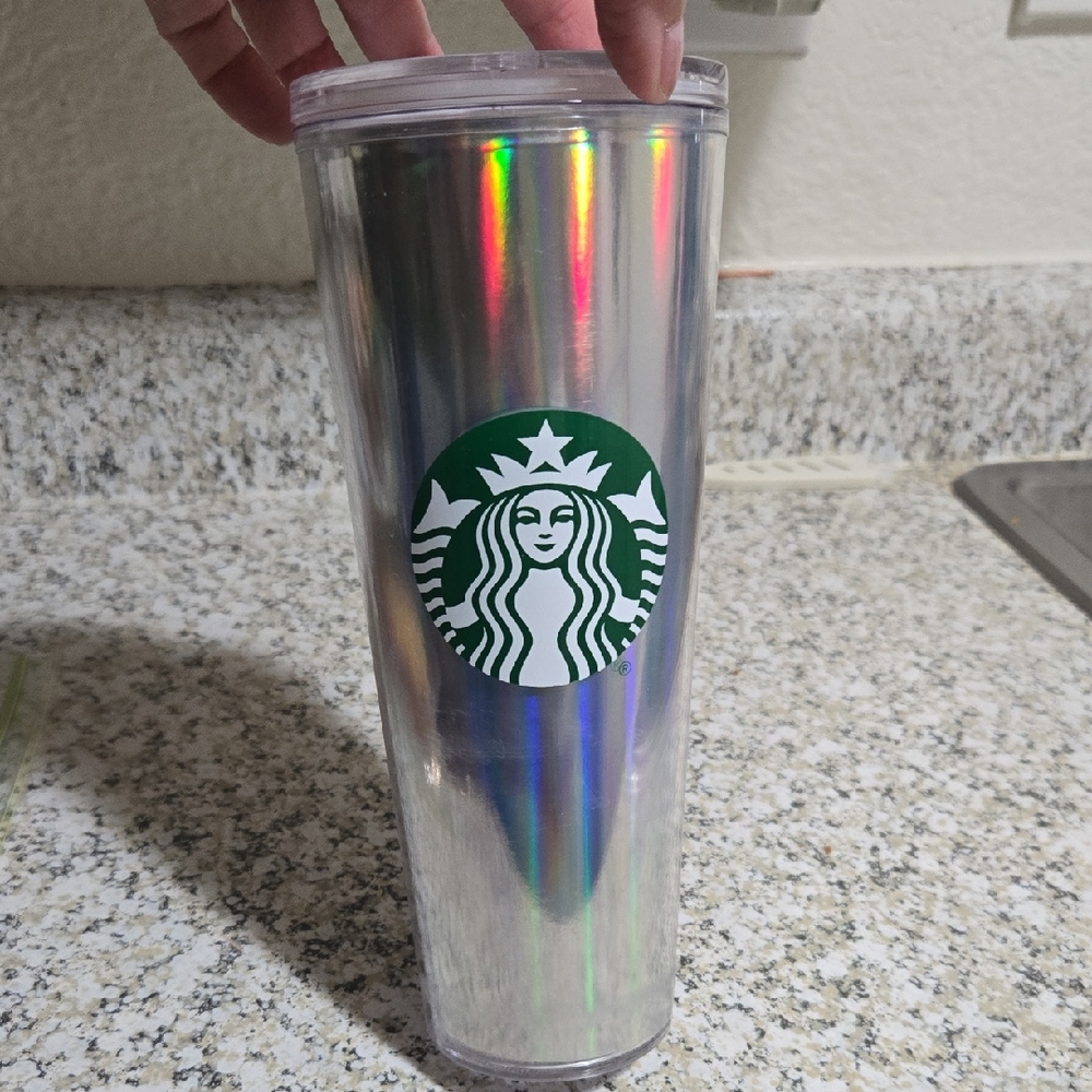 Starbucks Silver Holographic Travel Tumbler with Green Logo